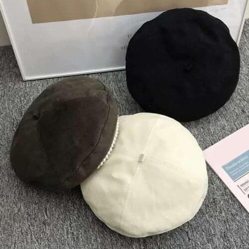 Women Fashion British Retro Beret Hat Faux Pearl Autumn Winter Beanie Caps Cotton Black Beige Warm Outdoor Ski Cap All-Match Hat