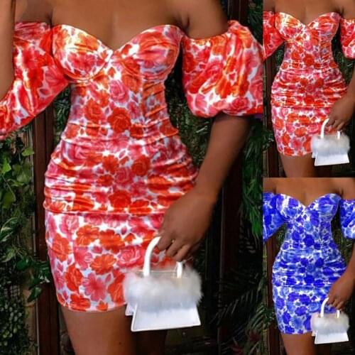 2021 Summer Women Pencil Dress Off Shoulder Floral Elegant Dresses Sexy Skinny Evening Party Formal Dresses Ruffles Ladies Dress