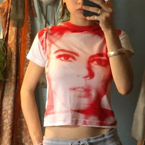 2021 Y2K Womens Portrait Print T-Shirt Summer Trendy Short Sleeve Round Neck Slim Fit Tops