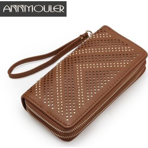 Annmouler Brand Women Wallet Large Capacity Purse Fashion Rivet Money Bag Pu Leather Card Holders Double Zipper Wrist Phone Bag