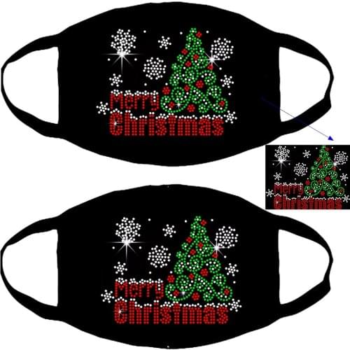 Free shipping 3PCS Merry Christmas Hotfix Rhinestone Iron on Transfer Motif for Fabric Facemask