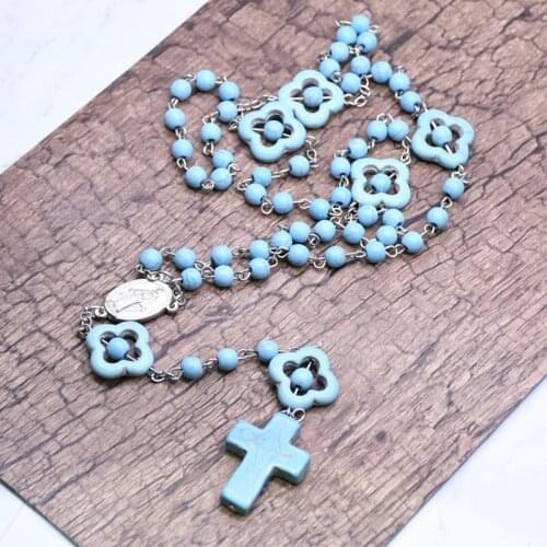 Catholic Turquoise Rosary Necklace Virgin Mary Charm Round Bead Cross NecklacesX3UC