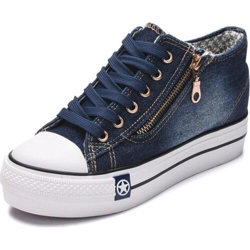 19Spring autumn Fashion Canvas Shoes Women Sneakers Thick Bottom Denim Casual Shoes Female Trainers Lace Up Ladies Basket Femme