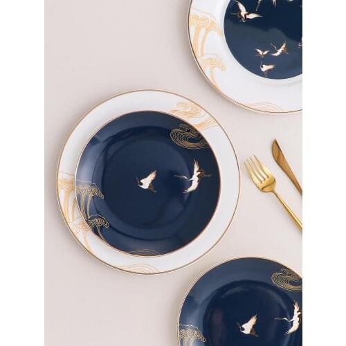 EECAMAIL Phnom Penh Ceramic Plate Royal Blue Glaze Chinese Painting Texture Plate Home Breakfast Plate INS Creative Bone China