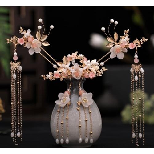 Chinese Long Hair Stick tiara Headpiece Women Hair Accessories Flower Crystal Pearl Hair Pins Handmade Hair Jewelry Accessories