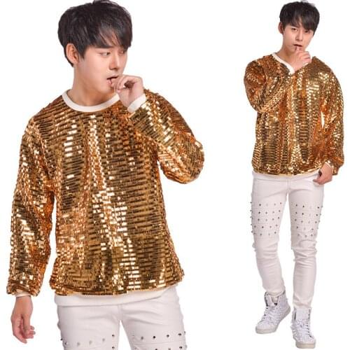 Concert MenS Singer Drum Costume Bar Nightclub Jazz Dance Costume Large Size Gold Long Sleeve Sequin T-Shirt Male Wear DWY2733