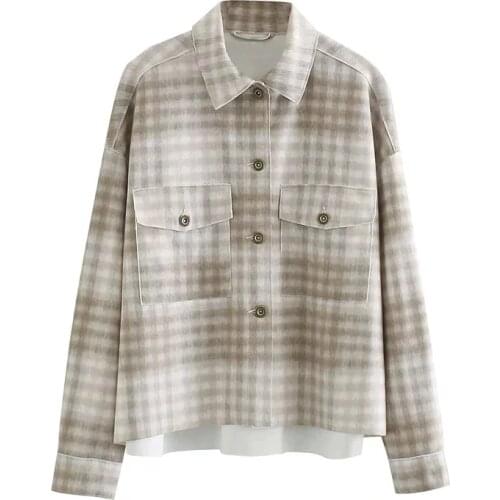 Merodi women autumn Vogue khaki plaid oversize shirt jackets female stylish long sleeve single breasted outwear jacket chic