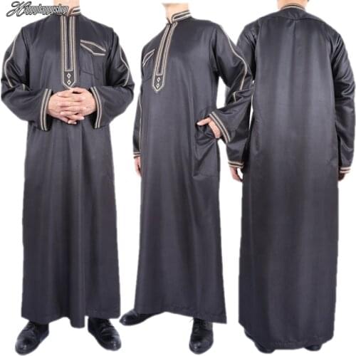 Muslim Islamic Ramadan Costumes Men Stand Collar Jubba Thobe Casual Long Sleeve Kaftan Abaya Arab Galabia Gown Middle East Dress