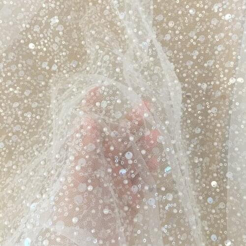 New mesh embroidery pearl sequins loose beads embellishment fabric handmade DIY cloth wedding dress veil skirt