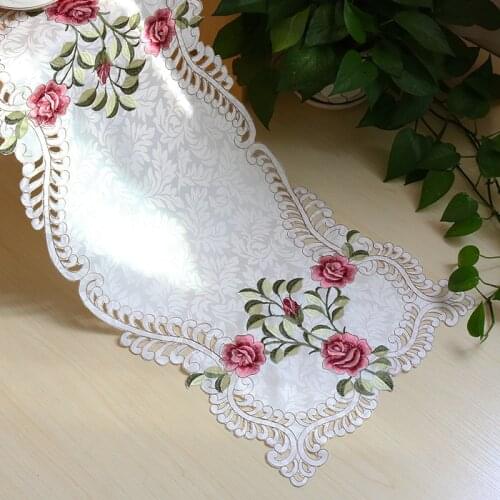New white satin Embroidery bed Table Runner cloth cover dining Lace tea coffee cutwork tablecloth Christmas Wedding decor