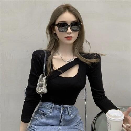 Long Sleeve Hollow Out Slim Fit T-shirt Womens Solid Color Short Sexy Bottomed T tee Shirt femme Women Top tshirt tops clothes