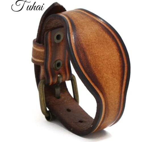 Punk Exaggerated Wide Brown Genuine Leather Bracelet for Men Vintage Retro Creative Wrap Unisex Bangle Jewelry