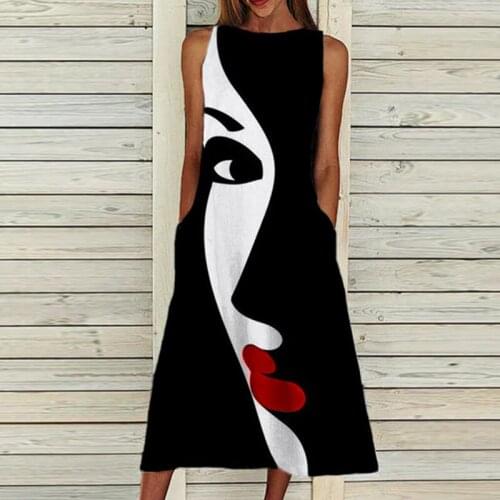 Retro Abstract Face Print Long Party Dress Women Casual O Neck A-Line Spring Dress Summer Sleeveless Pocket Beach Dress Vestidos