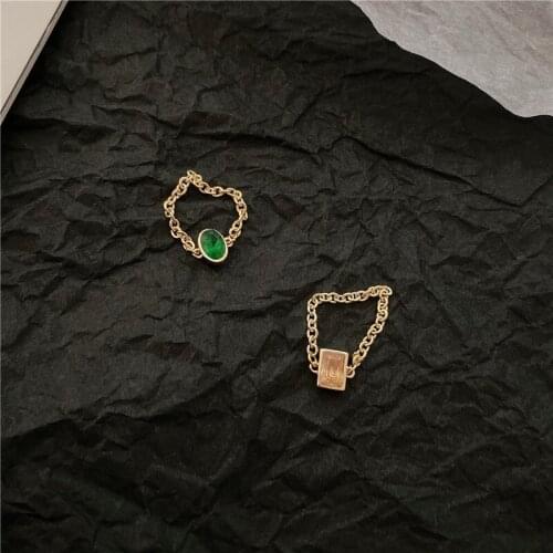 Origin Summer Minimalist Retro Oval Rectangle Green Color CZ Stone Rings for Women Gold Linked Chain Ring Jewelry Accessories
