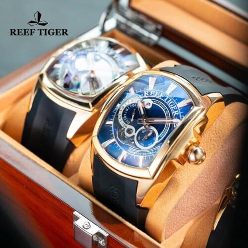 Reef Tiger/RT 2021 New Arrival Mens Mechanical Watch Rose Gold Case Blue Dial Rubber Strap Waterproof Automatic Watch