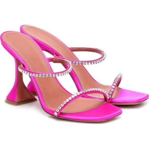 Crystal Embellished Strappy Sandals Cup High Heel Slippers Formal Party Shoes Square Open Toe Dress Mules Celebrity Shoes