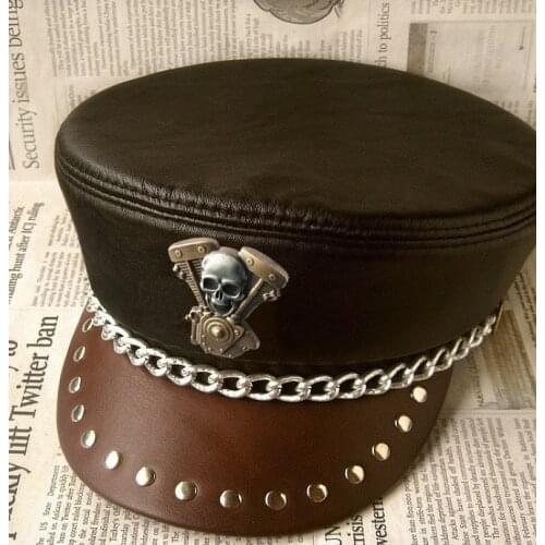 Genuine Leather Hat Real Cowhide Leather Military Hats Navy Flat Cap Metal Chain Rivet Badge Motorcycle Hat For Men And Women
