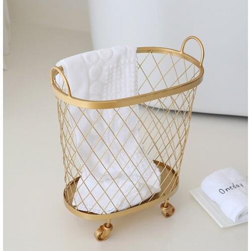Modern Golden Fashion Metal Gold Color Dirty Clothes Storage Handle Wheel Laundry Basket Home Creative Organizer With Wheel