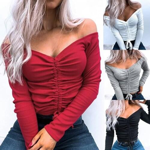 Sexy V Neck Ribbed Cropped T-shirt Women Elegant Drawstring Tie Up Ruched T Shirt Streetwear Solid Slim Crop Top 2021 New