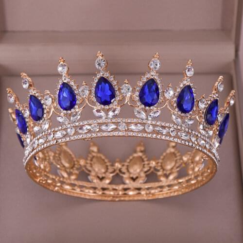 Vintage Baroque Bride Crown Gold Blue Crystal Wedding Crown for Queen King Round Diadem Head Jewelry