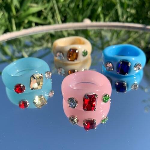 Vintage Geometric Crystal Resin Rings for Women Acrylic Candy Color Harajuku Rings Aesthetic Jewelry Charms 90s Style Gifts New