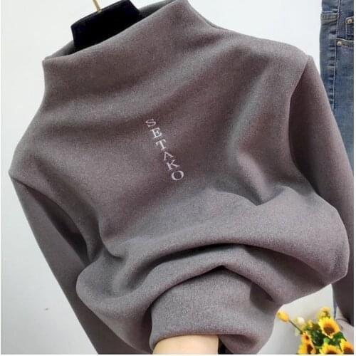 Womens T-shirt Bottoming Double-sided Sanding Plus Velvet Thickening Winter New Long-sleeved Western Letter Embroidery Shirt