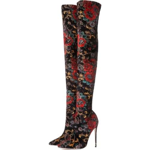 Autumn Winter Women Pointed Toe Thin High Heels Over The Knee Boots Stretch Fabric Flower Print Shoes Woman