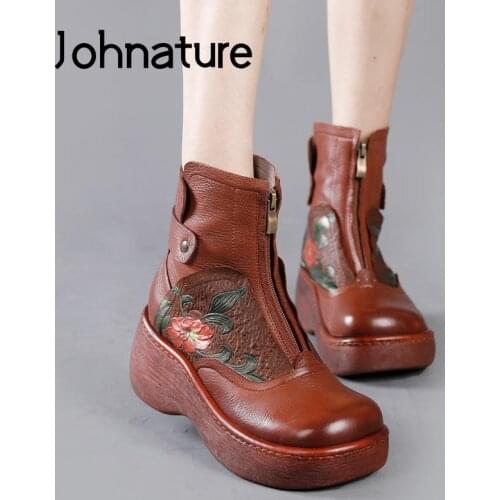 Johnature Genuine Leather Shoes Women Boots Zip 2021 New Winter Leisure Wedges Round Toe Sewing Concise Print Platform Boots