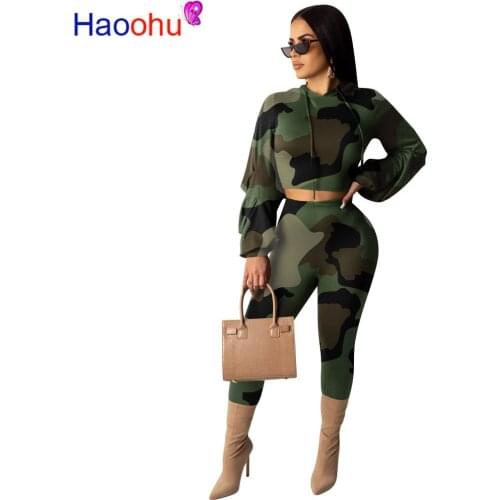 2019 Casual Women Autumn Camouflage Print Two Piece Set Long Sleeve Hooded Crop Top And Bodycon Pant Tracksuit Sport Suit Outfit