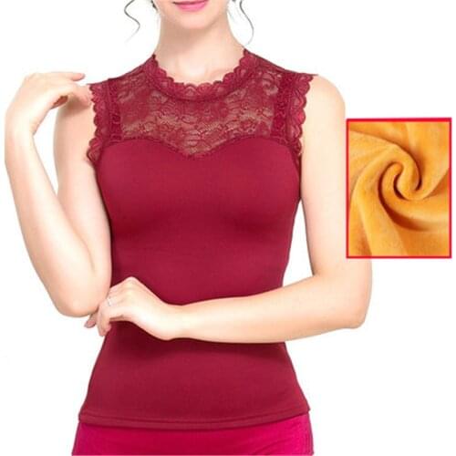 Winter Sexy Women Thick Velvet Vest Plus Size Warm Tank Tops Slim Body Sculpting Thermal Underwear Lace Shirts Bottomings WZ591