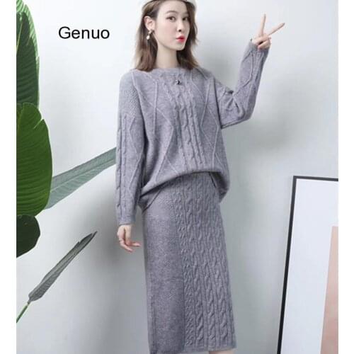 Women Autumn Winter Oversized Twist Knitted Sweater 2 Pieces Skirt Set Full Sleeve Pullover Jumpers High Waist Split Skirt
