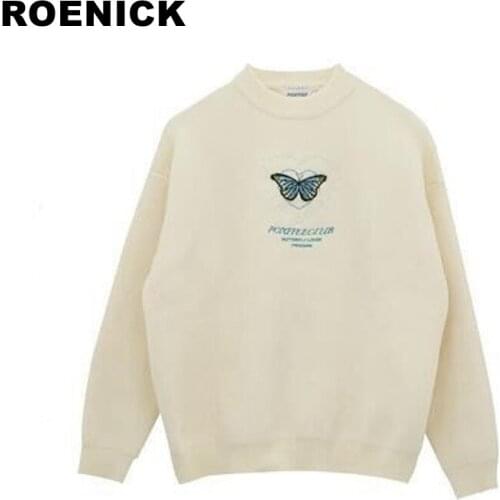 ROENICK Sweaters Pullovers Women O-Neck Butterfly Embroidery Knitted Sweater Womens Harajuku Korean Style Jumpers All-match