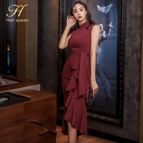 H Han Queen Ruffles Sheath Mermaid Dress Womens Elegant Retro Dresses Summer Sleeveless Slim Evening Party Special Occasion