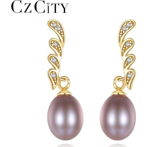 CZCITY Holy Angels Wing Stud Earrings 925 Stering Silver Women Wedding Shiny CZ Freshwater Pearl Fine Jewelry Femme Gift FE0204