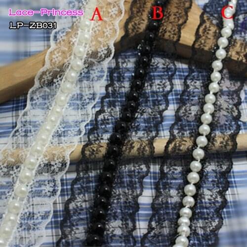 2 yards 4CM white black fabric pearl drill clothing accessories collar flower DIY handmade beading Braid lace trim fabric ZB031