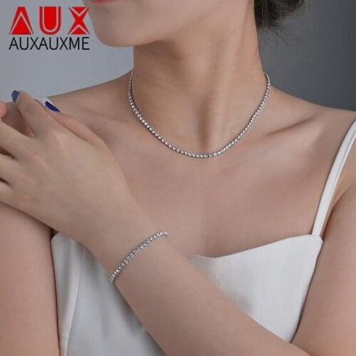 Auxauxme Fashion Crystal Zircon Chain Jewelry Sets Necklace Bracelet for Women Stainless Steel Sets New Design Jewelry Gifts