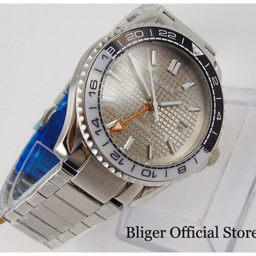 BLIGER Mechachanical Men Watch GMT Automatic Movement Stainless Steel Bracelet Ceramic Bezel Insert