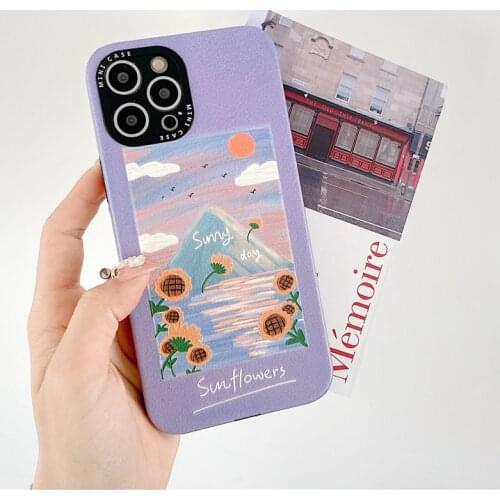 Retro sweet sunflower landscape painting art Phone Case For iPhone 11 12 Pro Max Xs Max XR X 7 8 Plus 7Plus case Cute Soft Cover