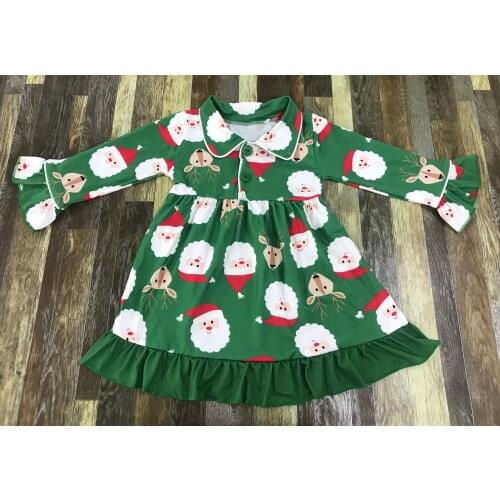 Childrens Boutique Girl Christmas Santa Claus and Elk cartoon pattern button lace long sleeve dress