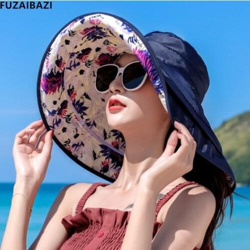 FUZAIBAZI 2021New Foldable Summer Oversized Womens Fishermans hats Detachable Ladies Anti-UV Beach Hat Sunhat Sombreros