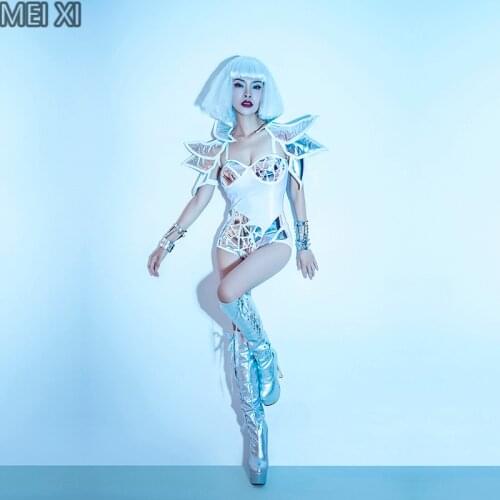 GAGA unique personality silver white reflective piece onesie nightclub bar concert DJ singer/dancer costume