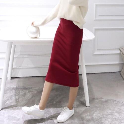 Hot Sale Autumn Winter Bodycon Skirt Fashion Women Stretchable Split Skirt Mid Calf Slim Pencil Skirts For Female Knit Skirt