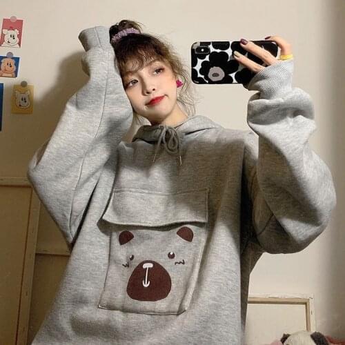 HOUZHOU Kawaii Oversized Hoodie Harajuku Cute Anime Pocket Korean Style Streetwear Women Vintage Gray Velvet Sweatshirt Female