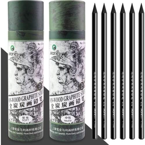 Maries Full Charcoal/Carbon Pencils 24pcs Soft/Medium Non-wood Graphite Sticks Pens Painting Charcoal Pencil Students Supplies