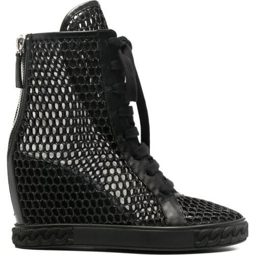 Summer Black Mesh Sneaker Inner Wedge Heel Rubber Chains Lace Up Casual Shoes Woman Height Increasing Leisure Short Boots