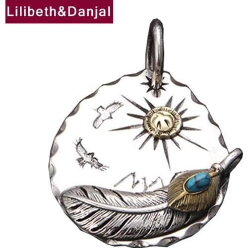 Flying Eagle Feather Real 925 Sterling Silver Necklace Pendant Inlaid Blue Turquoise Jewelry Women Men 2021 Free Shipping P17
