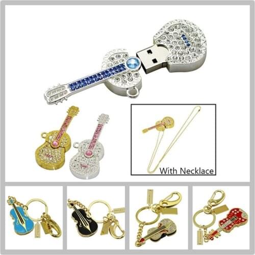Musical Instrument Diamond Guitar Necklace Usb Flash Drive Metal Violin Keychain Usb Memory Stick 128GB Memory Storage Pen Drive