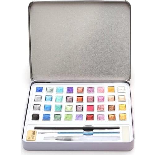12/36/48 Colors Pearlescent Solid Watercolor Paints Set With Water Brush Pen Metallic Glitter Acuarela Suit for Art Painting