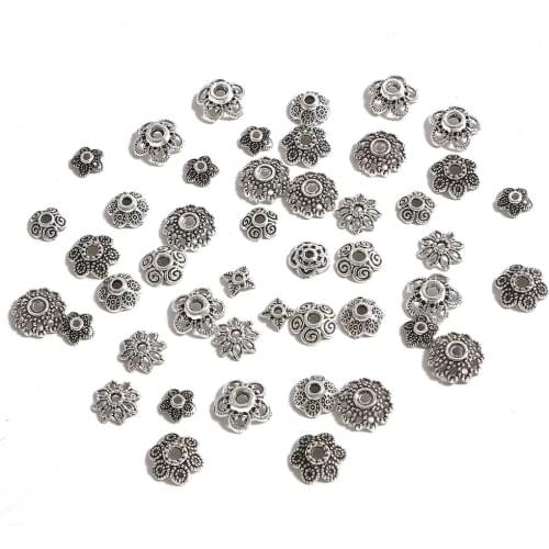 New Fashion 100Pcs/lot Antique Silver Color Mix Flower Bead End Caps For DIY Necklace& Bracelets Jewelry Findings Accessories