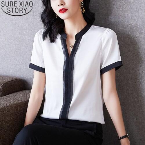 2021 New Short Sleeve Shirt Office Lady Fashion White Blouse Women Silk Satin Shirt Summer Loose Pullover Clothes Blusas 15781